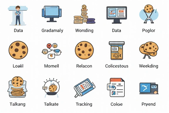 Illustration of various cookie types and their functions on a website, with small icons representing data, preferences, and tracking.